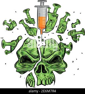 skull broken by covid-19 vaccine . cartoon illustration Stock Vector