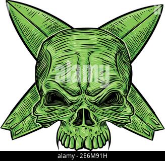 green skull above the surfboards isolated on white.illustration Stock Vector