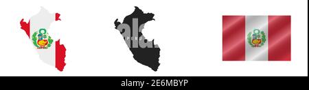 Peru. Map with masked flag. Detailed silhouette. Waving flag. Vector illustration isolated on white. Stock Vector