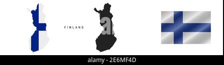 Finland. Map with masked flag. Detailed silhouette. Waving flag. Vector illustration isolated on white. Stock Vector