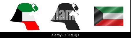 Kuwait. Map with masked flag. Detailed silhouette. Waving flag. Vector illustration isolated on white. Stock Vector