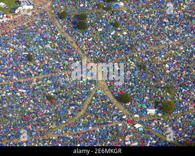 aerial view of music fans camping at Leeds Festival Stock Photo