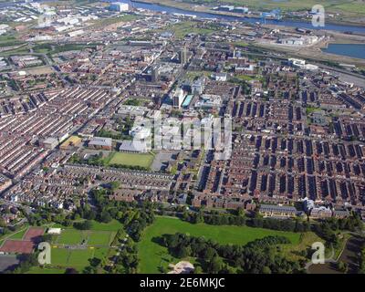 aerial view of Middlesbrough town centre from above Albert Park looking north towards the River Tees Stock Photo