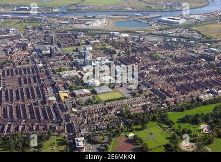 aerial view of Middlesbrough town centre from above Albert Park looking north towards the River Tees Stock Photo