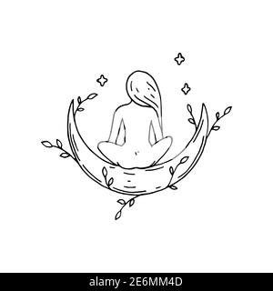 Woman sitting on a half moon. Hand drawn vector illustration Stock Vector