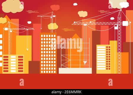 Construction site with buildings and cranes vector illustration background Stock Vector
