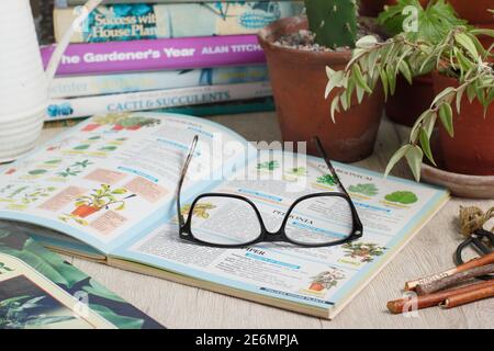 Gardening books. UK. Gardeners glasses on a stack of her gardening books. Stock Photo
