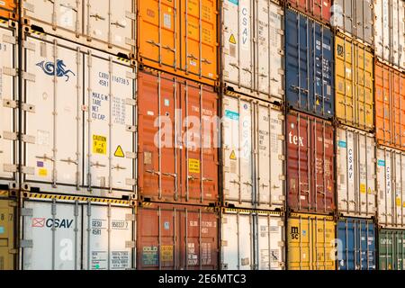 Iquique, Tarapaca Region, Chile - Close-up view to a stack of containers at the port of Iquique. Stock Photo