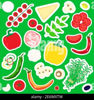 Cute food stickers ingredients, vegetables, cheese, meat vector illustration set Stock Vector