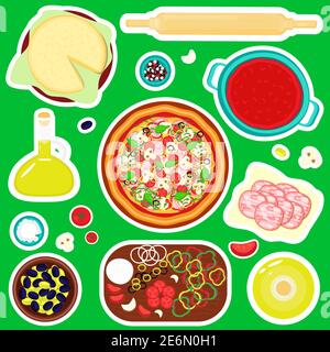 Cute food stickers ingredients, vegetables, cheese, meat, pizza vector illustration set Stock Vector