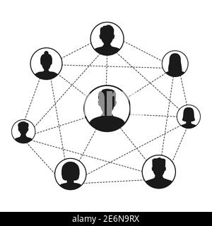 Social network scheme connecting people. Abstract social network world connect people icons relationship vector illustration isolated on white. Stock Vector