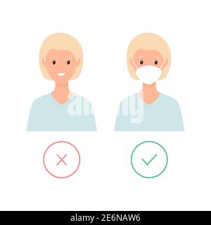 Women wear with medical mask and without. Mask required flat poster. Vector flat illustration isolated on white background. Stock Vector