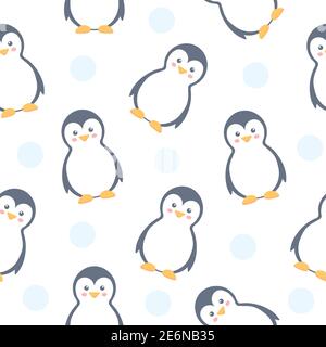 Penguins seamless pattern. Vector cute illustration white background Stock Vector