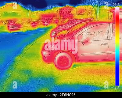 Thermal image showing parked cars at town parking a lot of Stock Photo
