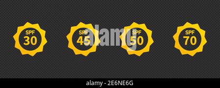 Set of SPF sun protection icons, labels or stickers. Icons for sunscreen or tan products and skin cosmetics. Vector on isolated white background. EPS Stock Vector