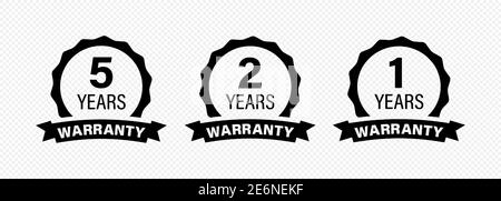 5, 2 and 1 years and lifetime warranty label icon. Vector on isolated transparent background. EPS 10 Stock Vector