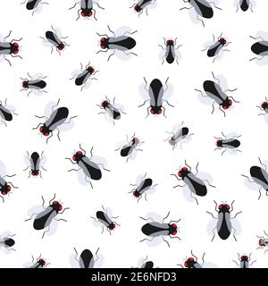 Fly insect flat vector seamless pattern background. Small flies isolated on white. Stock Vector