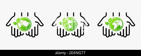 Hands holding earth globe with leaves. Concept of saving the earth, nature Stock Vector