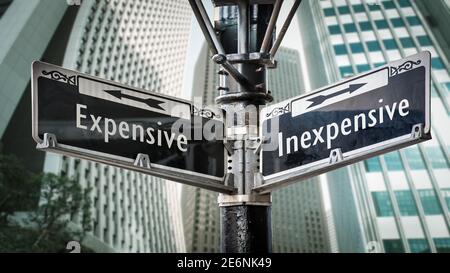 Street Sign the Direction Way to Inexpensive versus Expensive Stock Photo