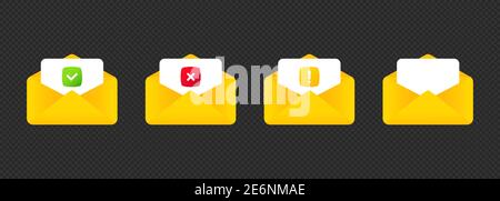 Open envelope containing check mark, exclamation mark and cross mark or email. Letter icon. Vector on isolated background. EPS 10 vector. Stock Vector