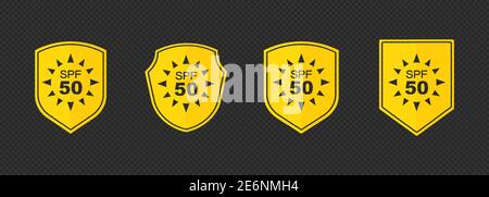 UV protection for skin. Set of simple flat SPF sun protection icons for sunscreen packaging. Icons for sunscreen products or other skin cosmetics. Stock Vector