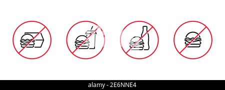 No fast food sign or no eating icon flat in black and red. Forbidden symbol simple on isolated white background. EPS 10 vector Stock Vector