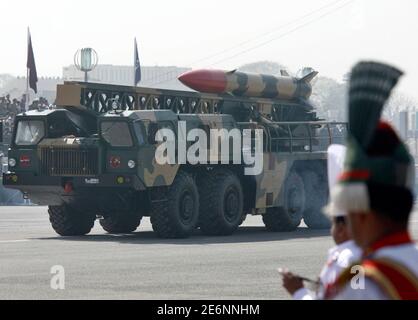 A nuclear-capable ballistic missile Hatf-II Abdali is driven past with its mobile-launcher during the Pakistan National Day parade in Islamabad March 23, 2007. Pakistan successfully tested a short-range nuclear-capable ballistic missile on Saturday, the military said. Picture taken March 23, 2007. REUTERS/Mian Khursheed  (PAKISTAN)