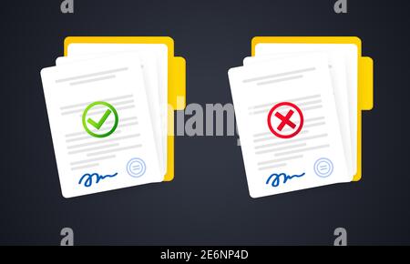 Confirmed and declined document. Contract document icon. Paper documents in folder with stamp and text. Vector on isolated background. EPS 10 Stock Vector