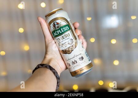 Tyumen, Russia-January 15, 2021: Lacplesis beer kviesu alus premium beer closeup Stock Photo