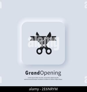 Grand opening icon. Scissors cutting ribbon. Vector. UI icon. Opening icon in simple design. Inauguration symbol. Neumorphic UI UX white user interfac Stock Vector