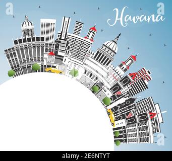 Havana Cuba City Skyline with Color Buildings, Blue Sky and Copy Space. Vector Illustration. Tourism Concept with Historic and Modern Architecture. Stock Vector