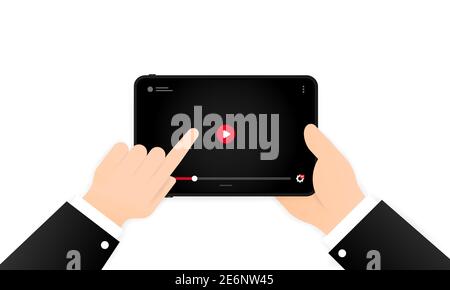 Tablet with video player on the screen. Mobile streaming technologies. Gadget Elements for site form of watching online video on phone. Vector on isol Stock Vector
