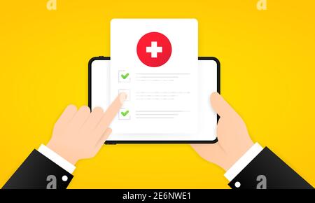 Medical survey online illustration. Hand holding tablet with medical form list with results data and approved check mark. Clinical checklist document. Stock Vector