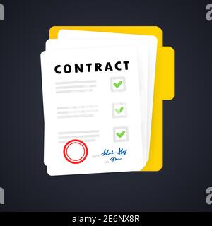 Contract document. Folder icon. Paper documents in folder with stamp and text. Confirmed or approved document. Vector on isolated background. EPS 10 Stock Vector