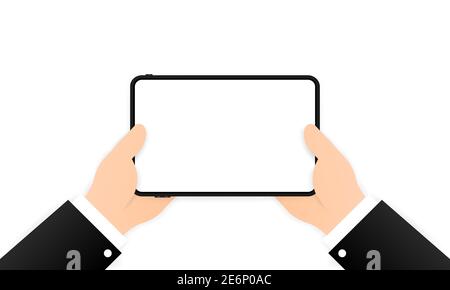 Hands holding tablet computer with blank screen. Business concept. Flat design concept. Vector on isolated background. Eps 10. Stock Vector