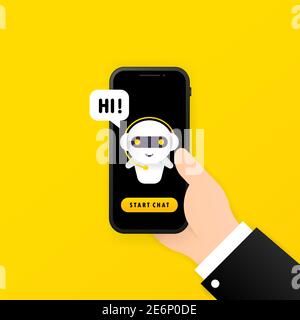 Chatbot in smartphone illustration. Hi message. Online assistant bot landing page template. Dialog. Technical support. For web page. Vector on isolate Stock Vector