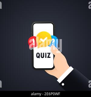 Quiz banner. Hand holding phone with message box with question mark icon. Vector on isolated white background. EPS 10. Stock Vector