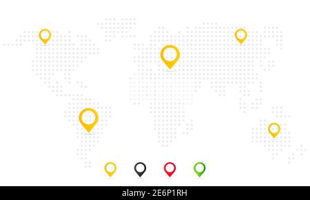 Map pointer icon set. Geo pin, location icon or geolocation, gps on the world map. On isolated white background. EPS 10 vector. Stock Vector