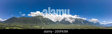 Panorama aerial view of mieming mountain range in Obermieming valley in Tyrol Austria Stock Photo