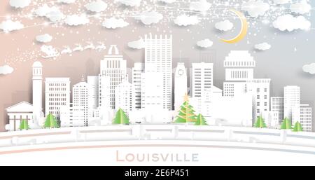 Louisville Kentucky USA City Skyline in Paper Cut Style with Snowflakes, Moon and Neon Garland. Vector Illustration. Christmas and New Year Concept. Stock Vector