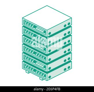 Server Rack Isometric Outline Object Isolated on White. Vector Illustration. Data Center. Stock Vector