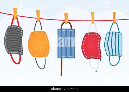 Washed Protective Face Masks Hanging on a Line. Vector Illustration. Drying Laundered Reusable Masks. Stock Vector