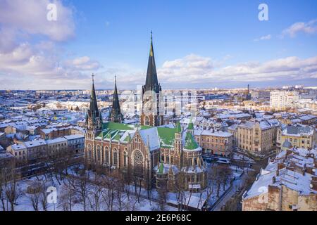 Lviv, Ukraine - January 29, 2021: Aerial veiw on Elizabeth church in Lviv, Ukraine from drone Stock Photo