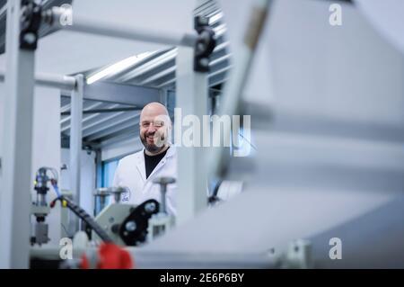 Wuppertal, North Rhine-Westphalia, Germany - FFP2 Masks Production Made In Germany at Sentias German Care, Managing Director Christian Vorbau in the p Stock Photo