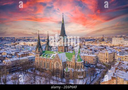 Lviv, Ukraine - January 29, 2021: Aerial veiw on Elizabeth church in Lviv, Ukraine from drone Stock Photo