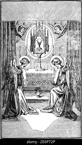 Two cherubs or angels pray to altar with body of Christ, host, sacramental bread or wafer. Antique vintage christian religious engraving or drawing illustration. Stock Vector
