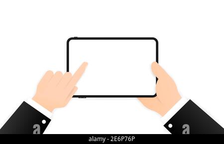 Hands holding tablet computer with blank screen. Flat design concept on isolated background. Eps 10 vector. Business concept. Stock Vector