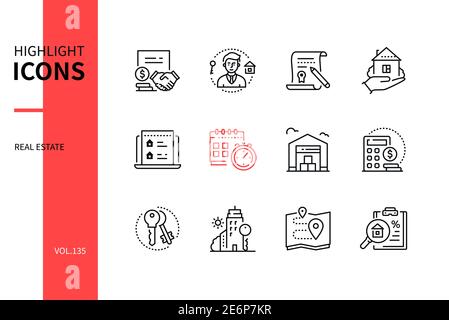 Real estate - modern line design style icons set. Housing and accommodation agency service idea. Realtor, house, schedule, warehouse, cost calculator, Stock Vector