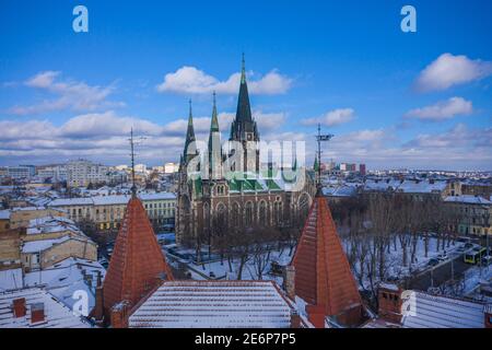 Lviv, Ukraine - January 29, 2021: Aerial veiw on Elizabeth church in Lviv, Ukraine from drone Stock Photo