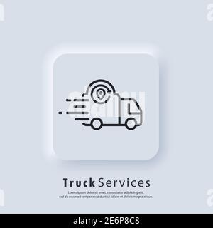 E-commerce. Track service. Truck shipping. Vector. UI icon. Fast delivery truck icon. Express delivery logo. Distribution service. Neumorphic UI UX wh Stock Vector